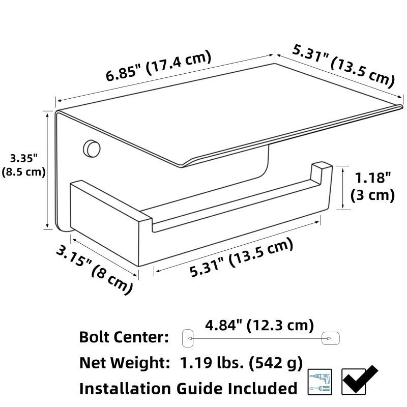 APLusee Brushed Nickel Toilet Paper Holder with Phone Shelf, 304 Stainless Steel Toilet Tissue Roll Holder, Wall Mounted Bathroom Paper Roll Dispenser - Image 2